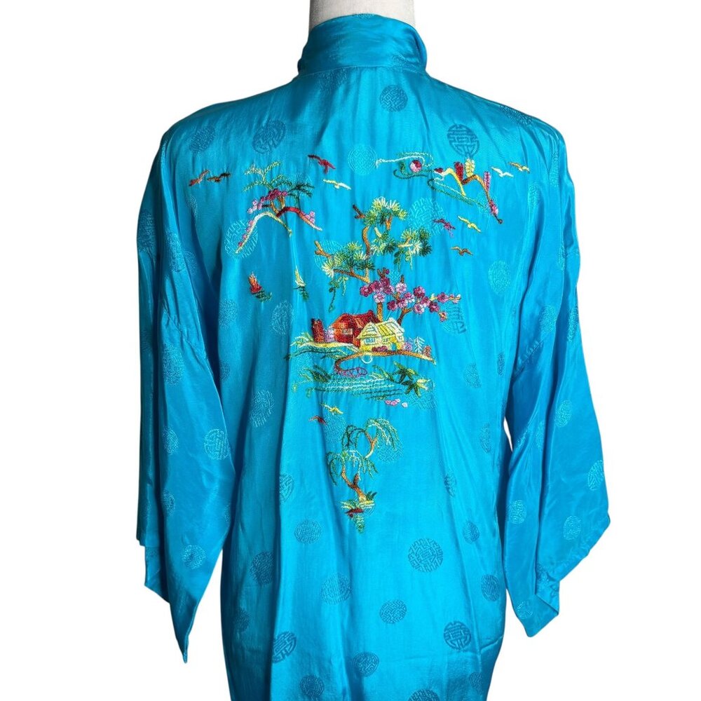 Vintage Kimono Hand Embroidered Medium Teal Blue Pockets Long Sleeve No Belt - Picture 5 of 8